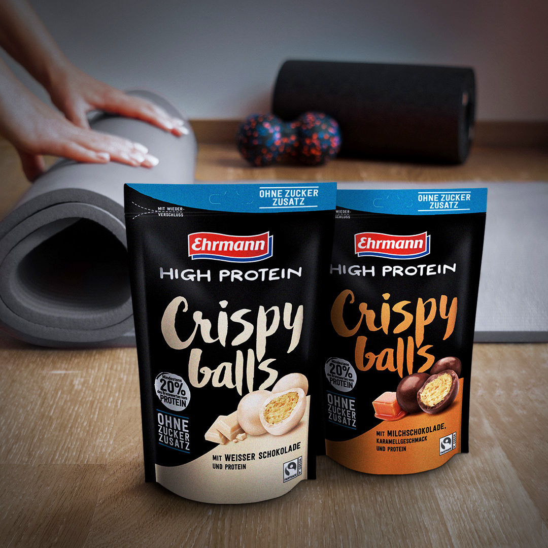 Crispy Balls Verpackungmit Yogamatte im Hintergrund